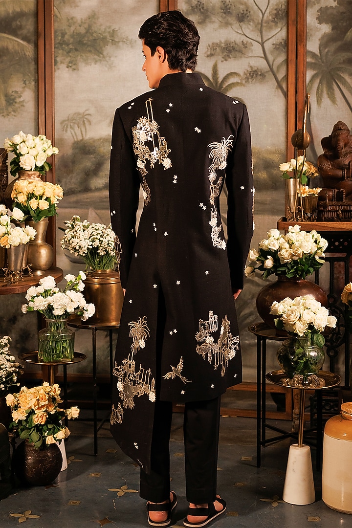 Black Matka Silk Floral Applique Hand Embroidered Groom Sherwani Set by Sahil Kochhar Men at Pernia's Pop Up Shop