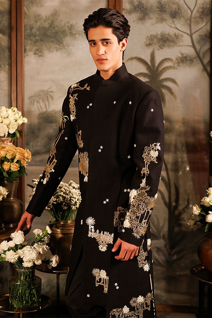 Black Matka Silk Floral Applique Hand Embroidered Groom Sherwani Set by Sahil Kochhar Men at Pernia's Pop Up Shop