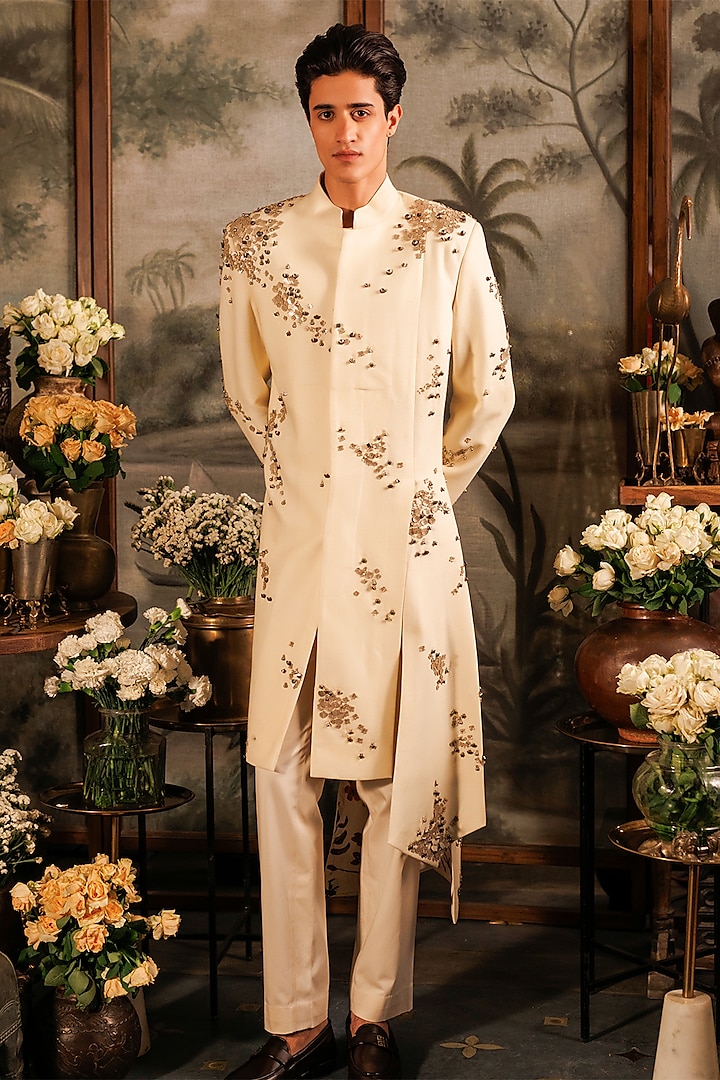 Ivory Matka Silk 3D Applique Embroidered Groom Sherwani Set by Sahil Kochhar Men at Pernia's Pop Up Shop