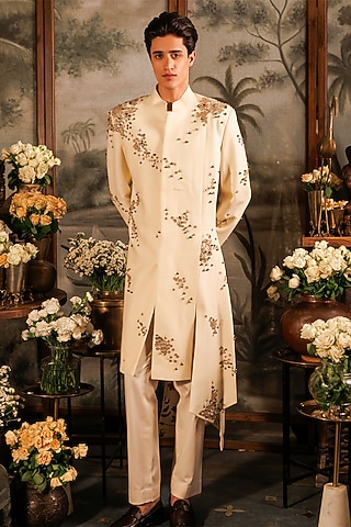 Ivory Matka Silk 3D Applique Embroidered Sherwani Set by Sahil Kochhar Men