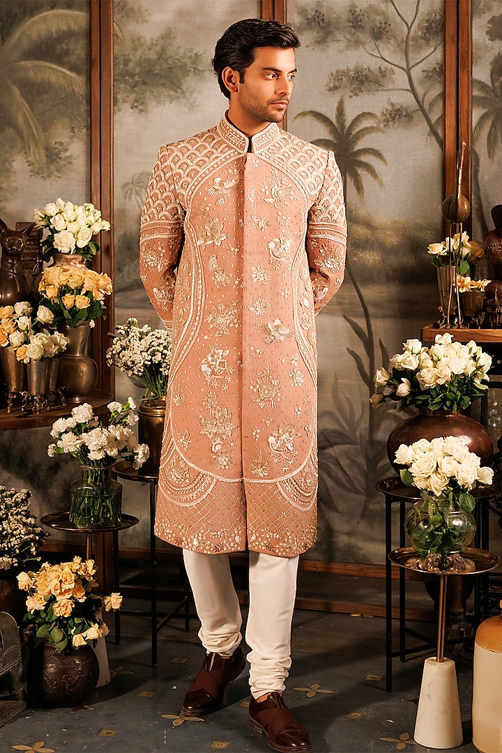 Pink Matka Silk 3D Applique Embroidered Groom Sherwani Set by Sahil Kochhar Men at Pernia's Pop Up Shop