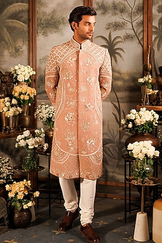 Pink Matka Silk 3D Applique Embroidered Sherwani Set by Sahil Kochhar Men