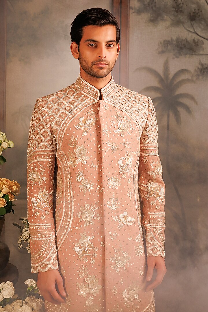 Pink Matka Silk 3D Applique Embroidered Groom Sherwani Set by Sahil Kochhar Men at Pernia's Pop Up Shop