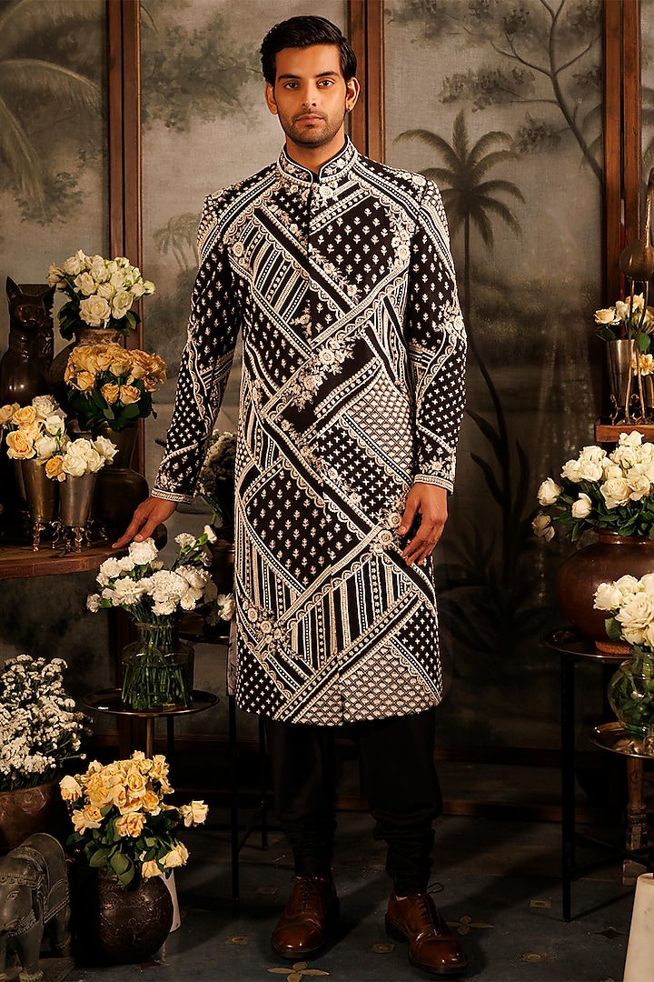 Black Matka Silk Aari Hand Embroidered Sherwani Set by Sahil Kochhar Men