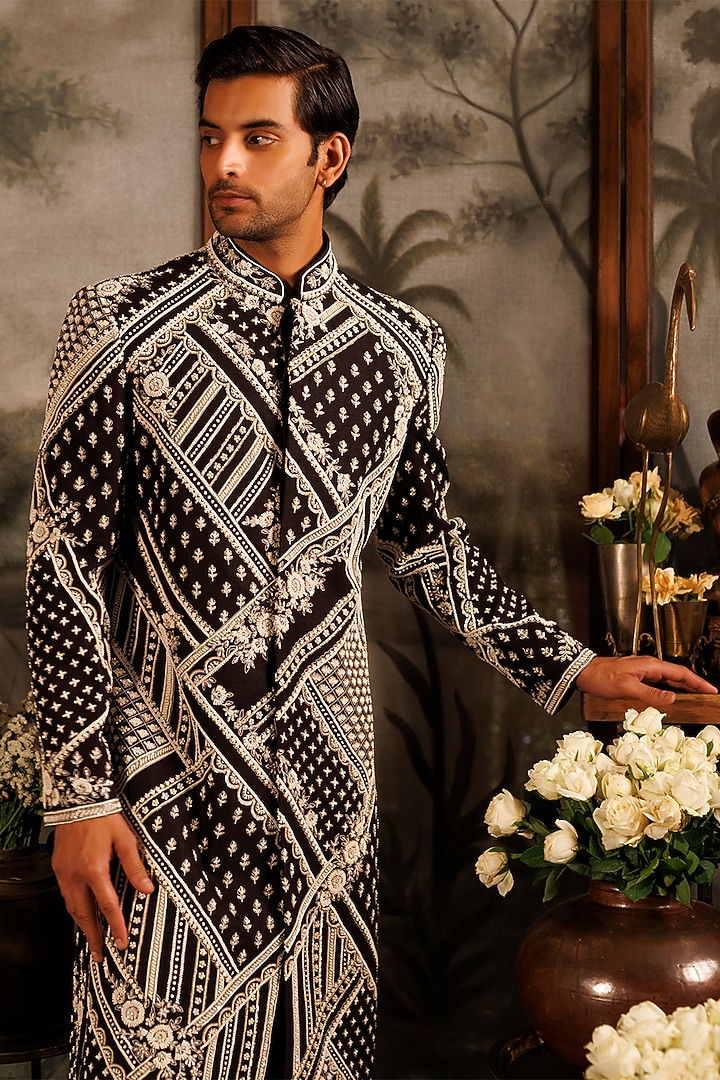 Black Matka Silk Aari Hand Embroidered Groom Sherwani Set by Sahil Kochhar Men at Pernia's Pop Up Shop