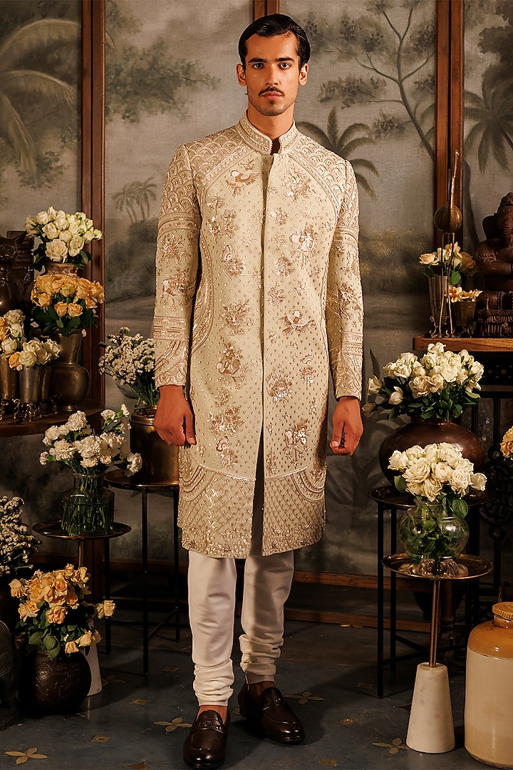 Green Matka Silk 3D Applique Hand Embroidered Sherwani Set by Sahil Kochhar Men