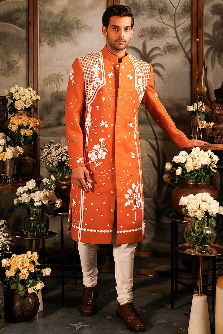 Orange Matka Silk 3D Applique Hand Embroidered Groom Sherwani Set by Sahil Kochhar Men at Pernia's Pop Up Shop