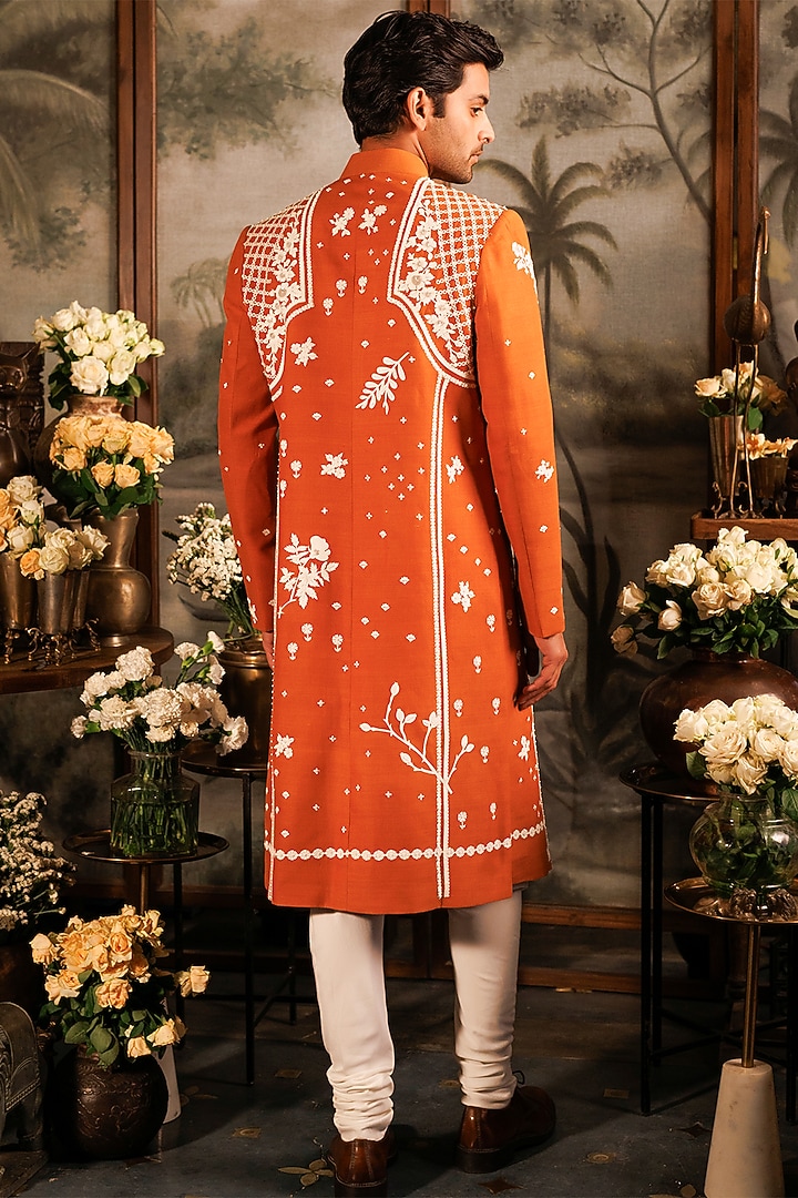 Orange Matka Silk 3D Applique Hand Embroidered Groom Sherwani Set by Sahil Kochhar Men at Pernia's Pop Up Shop