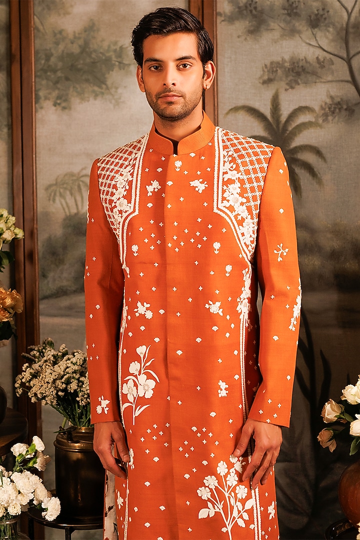 Orange Matka Silk 3D Applique Hand Embroidered Groom Sherwani Set by Sahil Kochhar Men at Pernia's Pop Up Shop