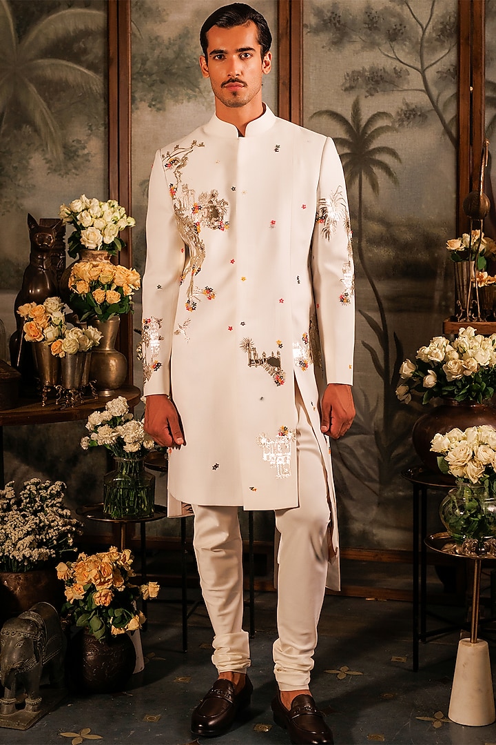 Ivory Matka Silk 3D Applique Floral Hand Embroidered Asymmetric Sherwani Set by Sahil Kochhar Men