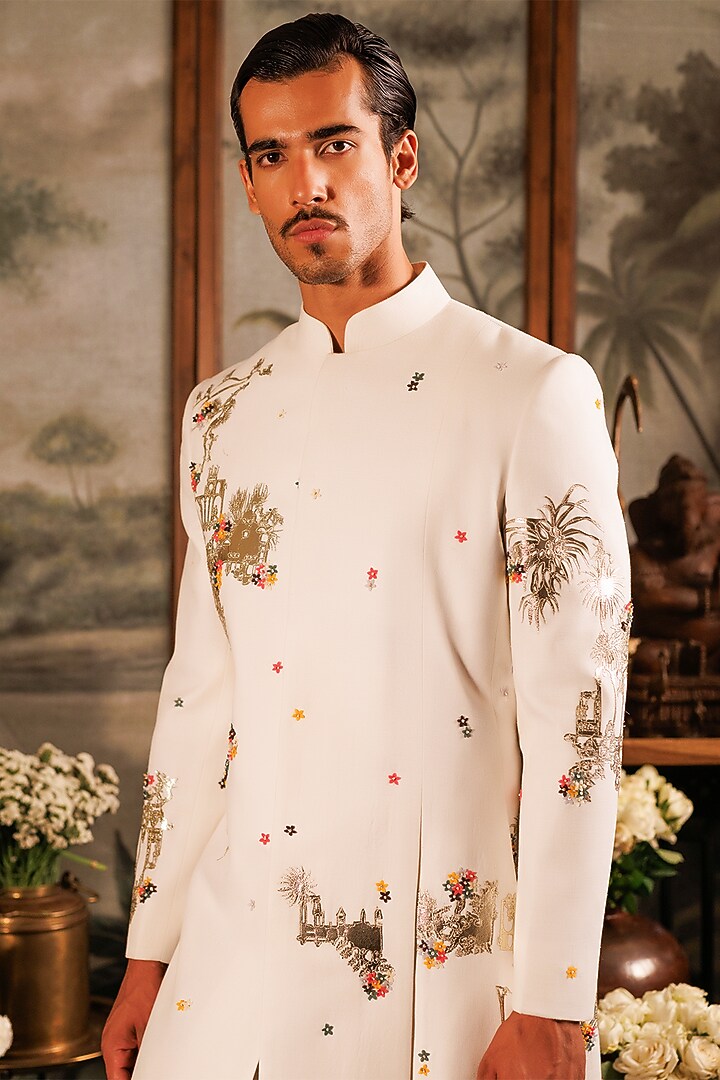 Ivory Matka Silk 3D Applique Floral Hand Embroidered Asymmetric Groom Sherwani Set by Sahil Kochhar Men at Pernia's Pop Up Shop