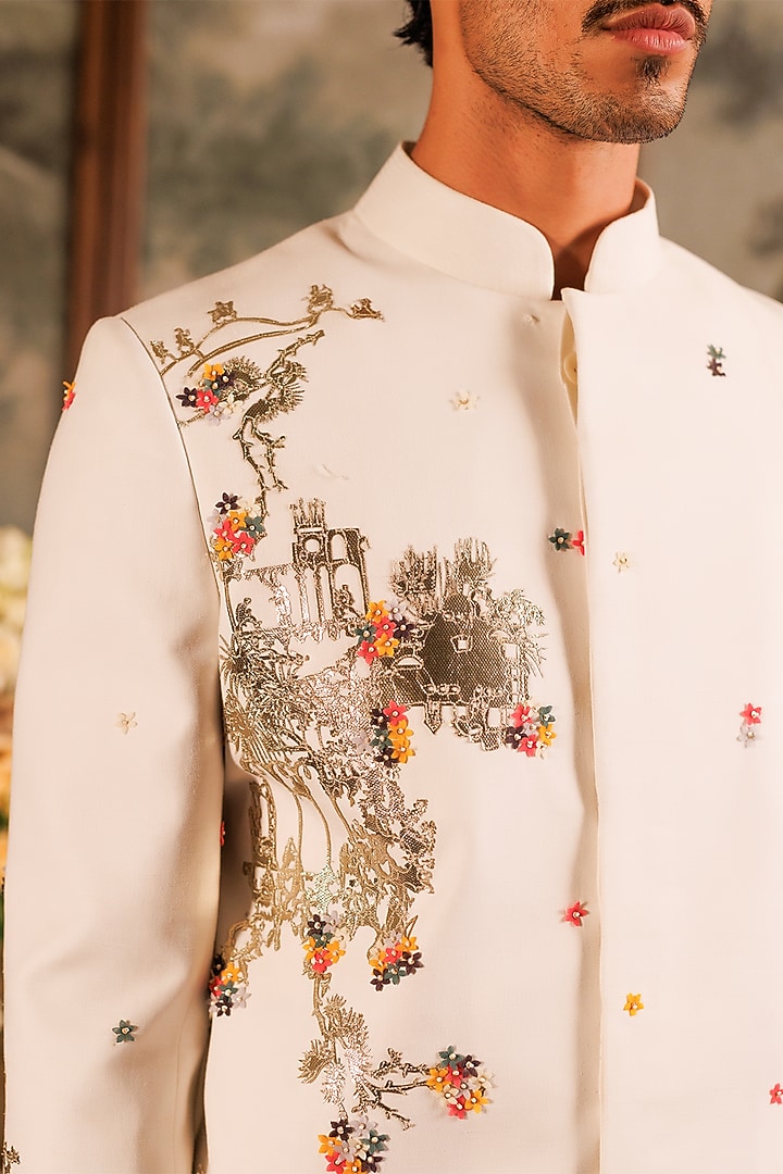 Ivory Matka Silk 3D Applique Floral Hand Embroidered Asymmetric Groom Sherwani Set by Sahil Kochhar Men at Pernia's Pop Up Shop
