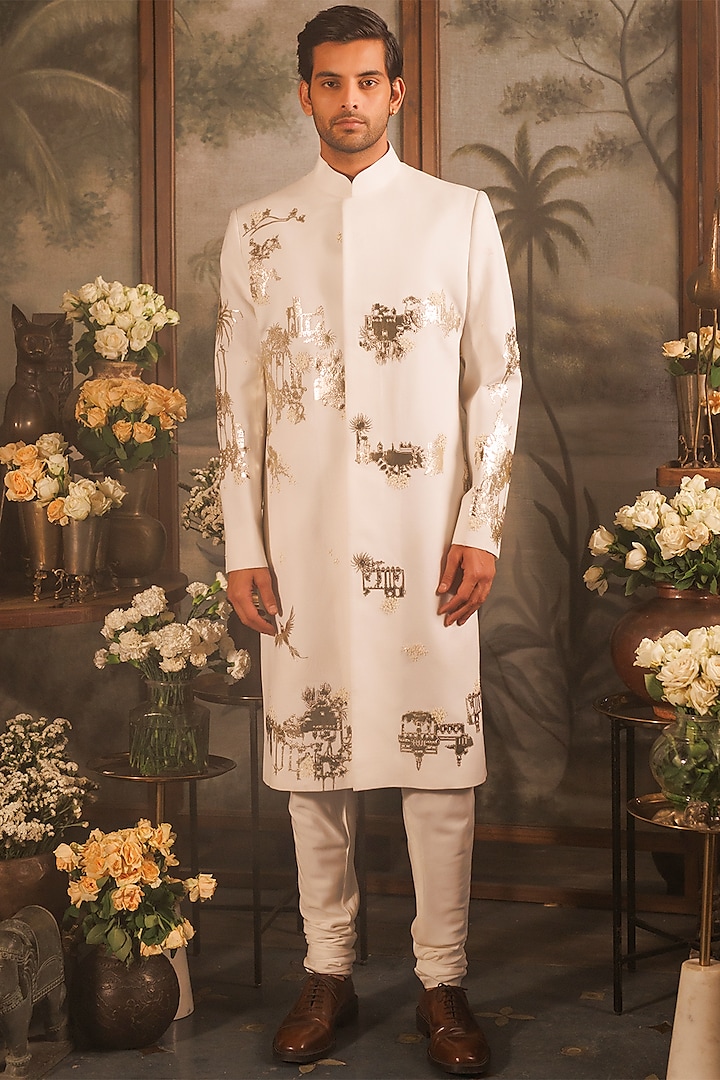 Ivory Matka Silk 3D Applique Floral Hand Embroidered Groom Sherwani Set by Sahil Kochhar Men at Pernia's Pop Up Shop