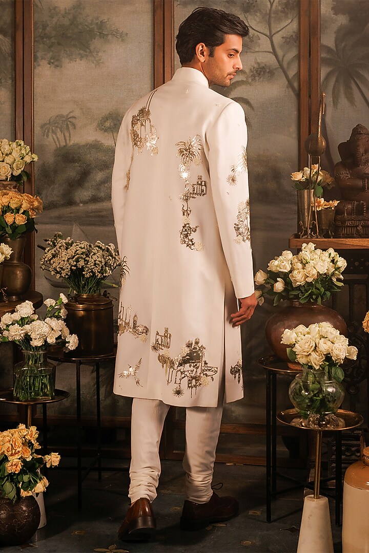 Ivory Matka Silk 3D Applique Floral Hand Embroidered Groom Sherwani Set by Sahil Kochhar Men at Pernia's Pop Up Shop