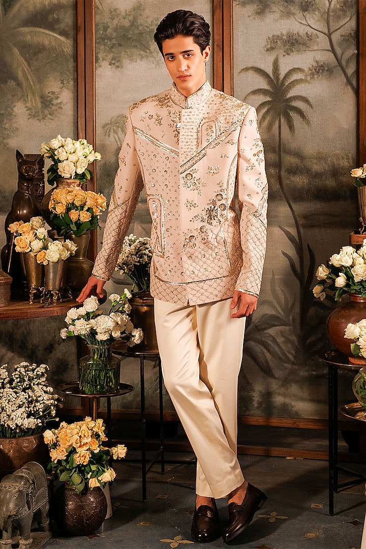 Ivory Matka Silk 3D Applique Hand Embroidered Bandhgala Set by Sahil Kochhar Men at Pernia's Pop Up Shop