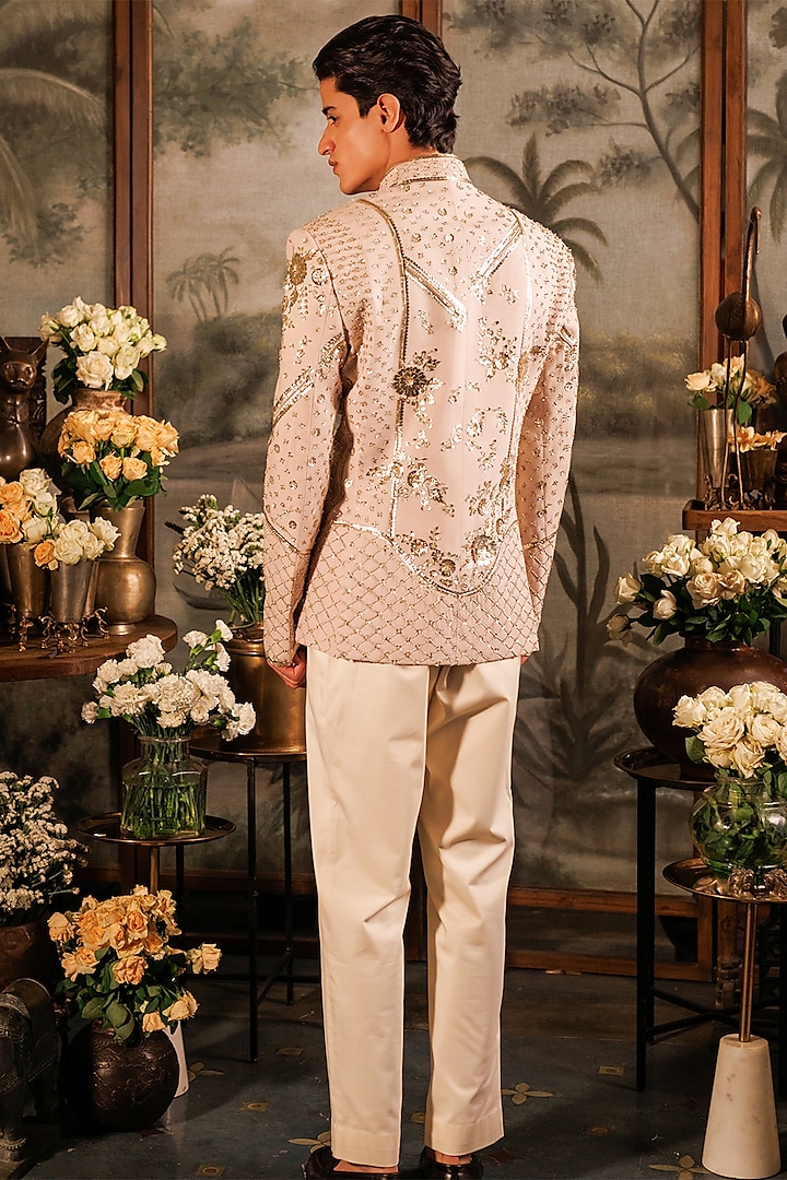 Ivory Matka Silk 3D Applique Hand Embroidered Groom Bandhgala Set by Sahil Kochhar Men at Pernia's Pop Up Shop