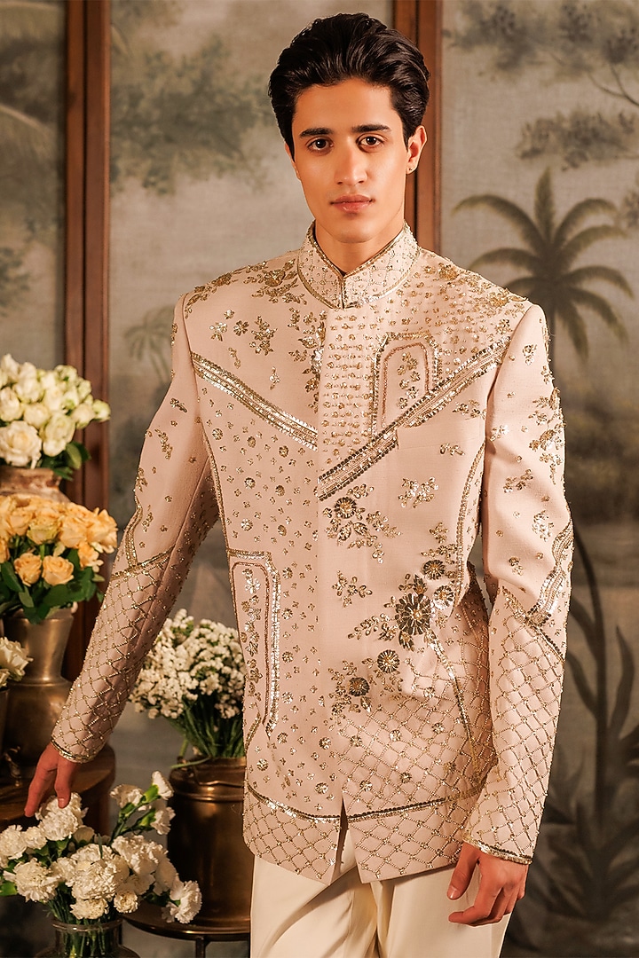 Ivory Matka Silk 3D Applique Hand Embroidered Groom Bandhgala Set by Sahil Kochhar Men at Pernia's Pop Up Shop