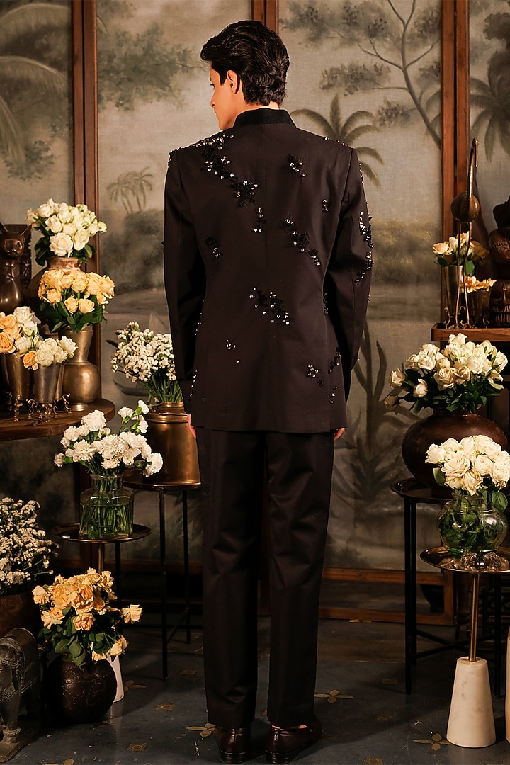 Black Suiting Applique Embroidered Groom Bandhgala Set by Sahil Kochhar Men at Pernia's Pop Up Shop
