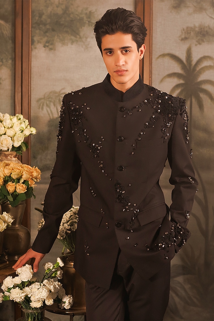 Black Suiting Applique Embroidered Groom Bandhgala Set by Sahil Kochhar Men at Pernia's Pop Up Shop
