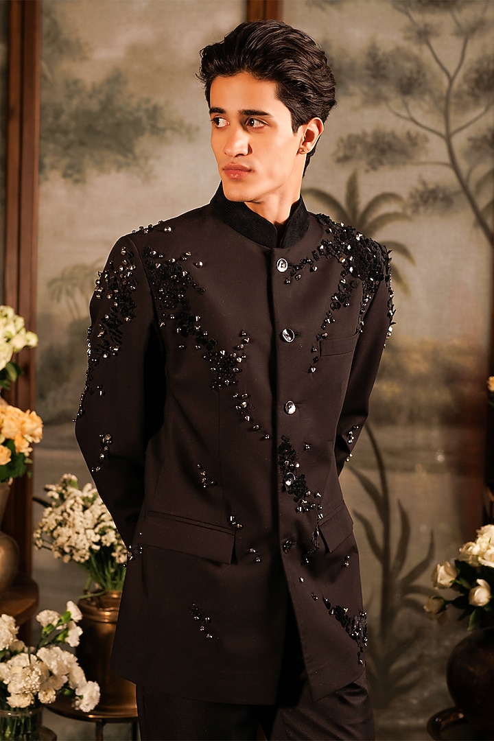 Black Suiting Applique Embroidered Groom Bandhgala Set by Sahil Kochhar Men at Pernia's Pop Up Shop