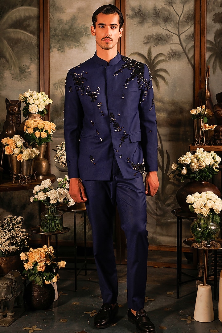 Navy Blue Suiting Applique Embroidered Bandhgala Set by Sahil Kochhar Men