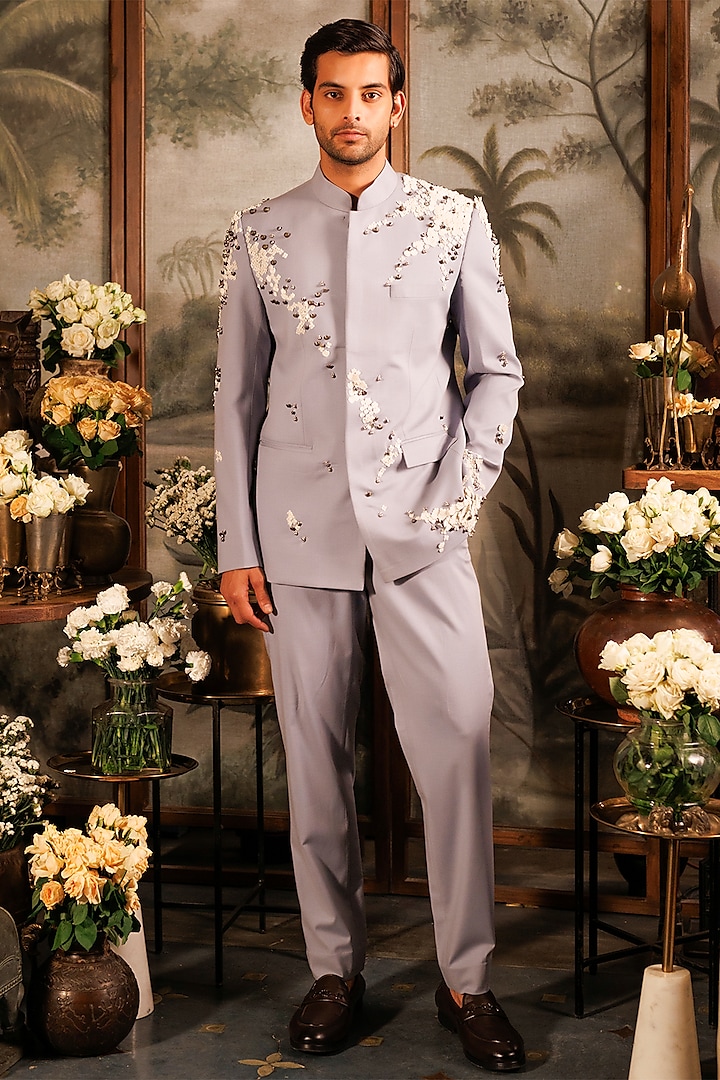 Grey Suiting Applique Embroidered Bandhgala Set by Sahil Kochhar Men