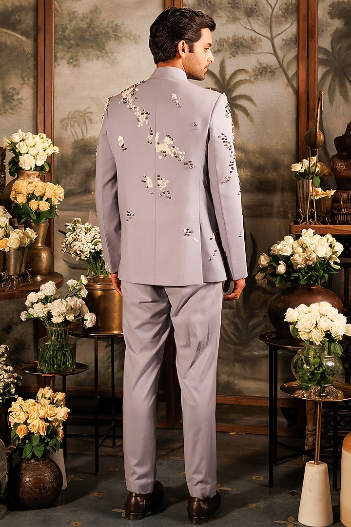 Grey Suiting Applique Embroidered Groom Bandhgala Set by Sahil Kochhar Men at Pernia's Pop Up Shop