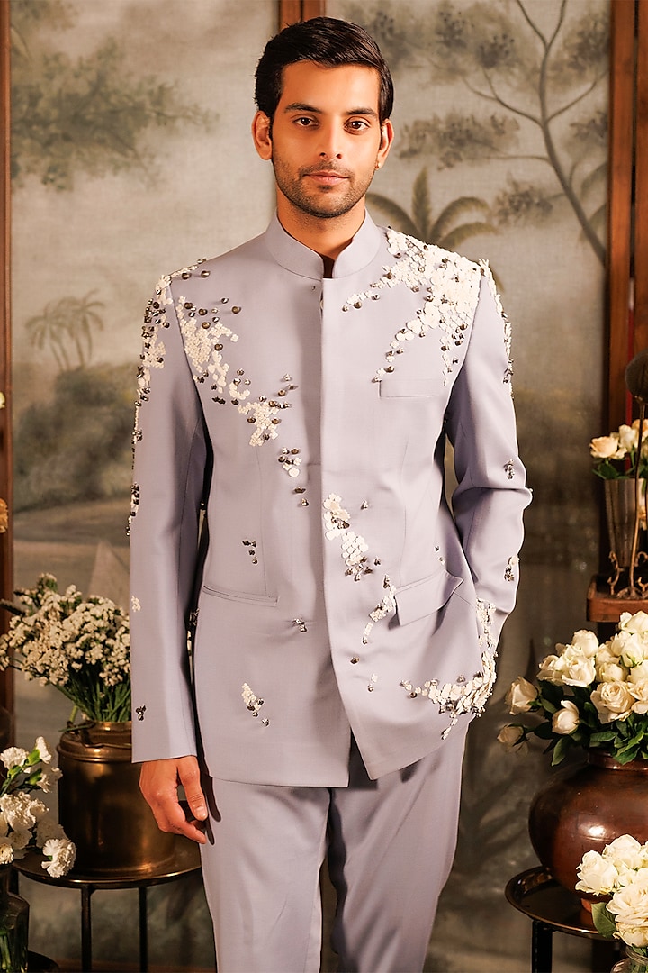 Grey Suiting Applique Embroidered Groom Bandhgala Set by Sahil Kochhar Men at Pernia's Pop Up Shop