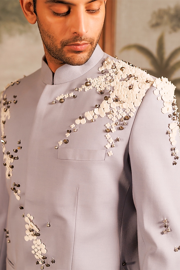 Grey Suiting Applique Embroidered Groom Bandhgala Set by Sahil Kochhar Men at Pernia's Pop Up Shop