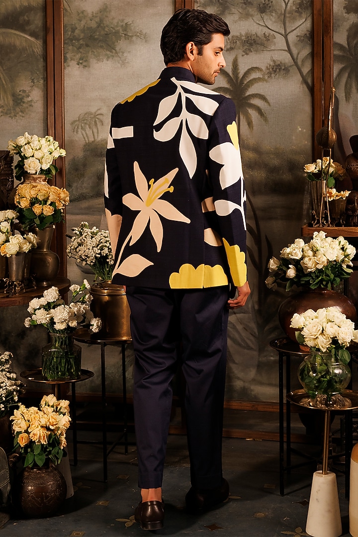 Blue Matka Silk Floral Applique Embroidered Groom Bandhgala Set by Sahil Kochhar Men at Pernia's Pop Up Shop