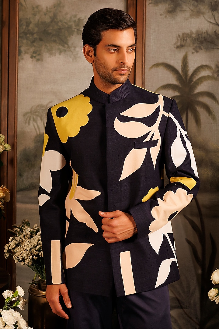 Blue Matka Silk Floral Applique Embroidered Groom Bandhgala Set by Sahil Kochhar Men at Pernia's Pop Up Shop