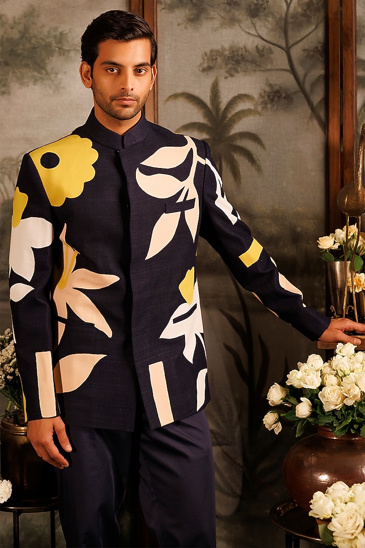 Blue Matka Silk Floral Applique Embroidered Groom Bandhgala Set by Sahil Kochhar Men at Pernia's Pop Up Shop
