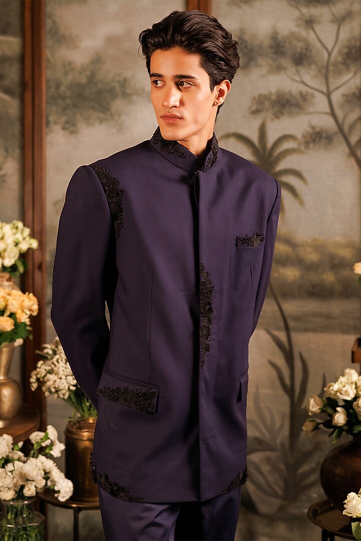 Black Suiting Applique Embroidered Groom Bandhgala Set by Sahil Kochhar Men at Pernia's Pop Up Shop