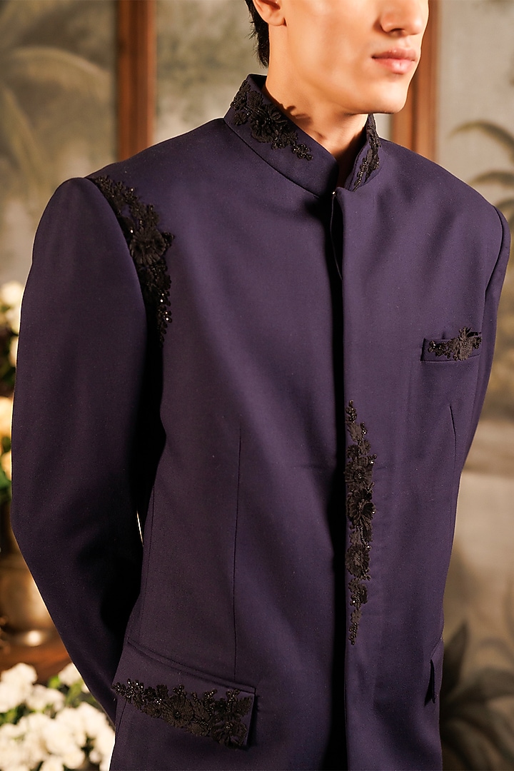 Black Suiting Applique Embroidered Groom Bandhgala Set by Sahil Kochhar Men at Pernia's Pop Up Shop