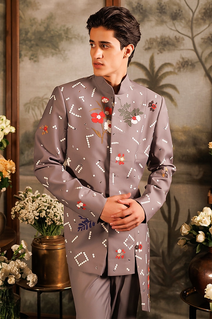Grey Suiting Applique & Sequins Embroidered Groom Bandhgala Set by Sahil Kochhar Men at Pernia's Pop Up Shop