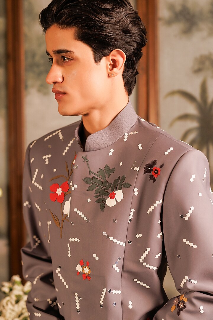 Grey Suiting Applique & Sequins Embroidered Groom Bandhgala Set by Sahil Kochhar Men at Pernia's Pop Up Shop