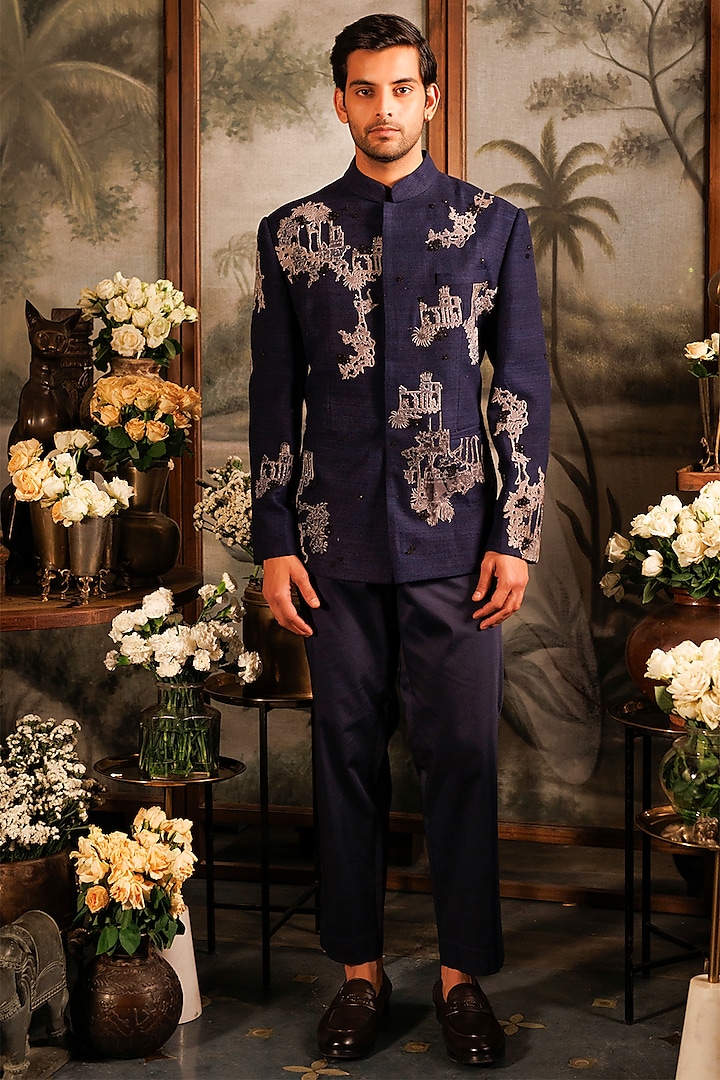 Blue Suiting Printed & Applique Hand Embroidered Bandhgala Set by Sahil Kochhar Men