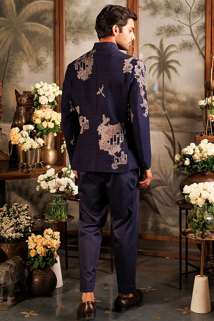 Blue Suiting Printed & Applique Hand Embroidered Groom Bandhgala Set by Sahil Kochhar Men at Pernia's Pop Up Shop