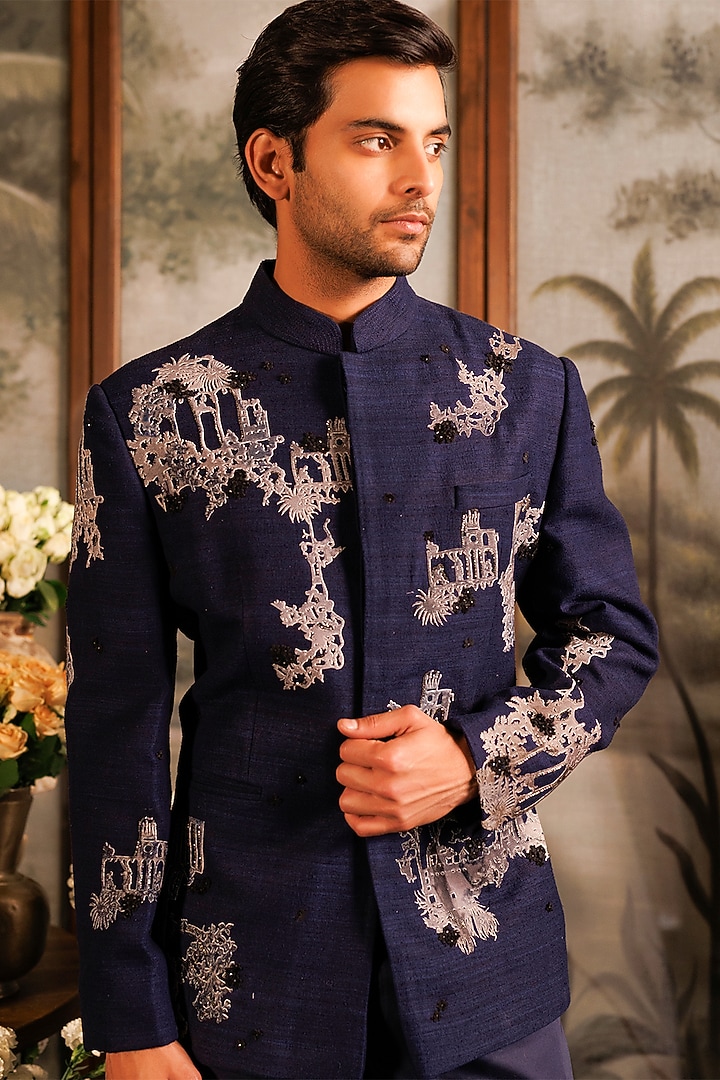 Blue Suiting Printed & Applique Hand Embroidered Groom Bandhgala Set by Sahil Kochhar Men at Pernia's Pop Up Shop