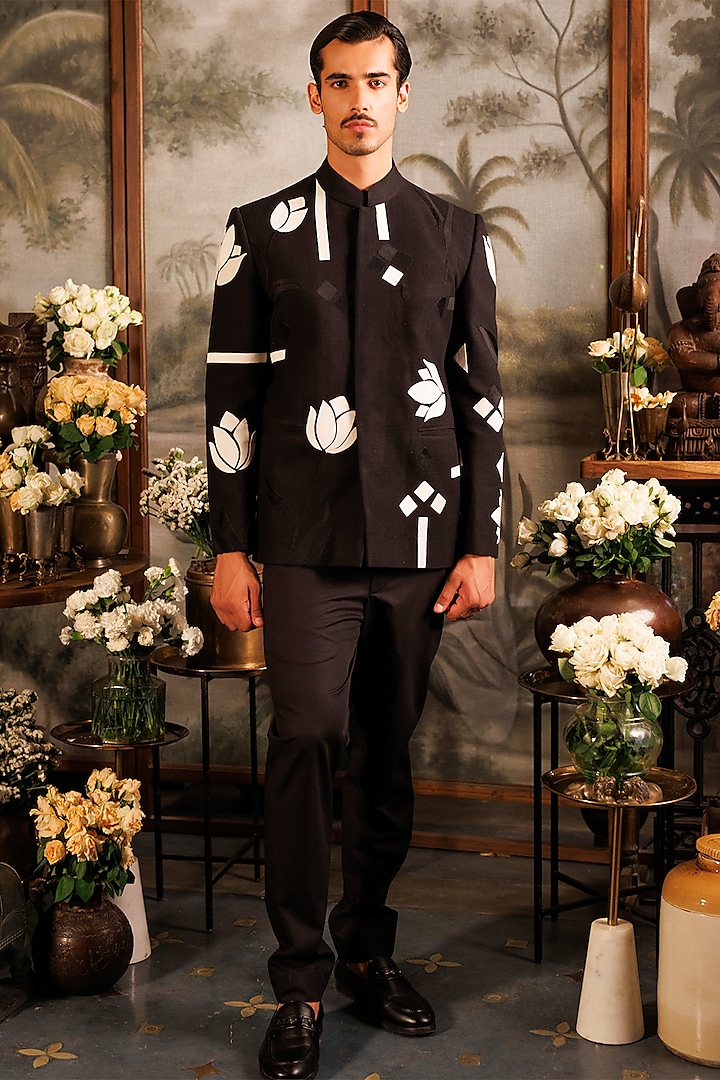 Black Suiting Floral Patch Work Bandhgala Set by Sahil Kochhar Men