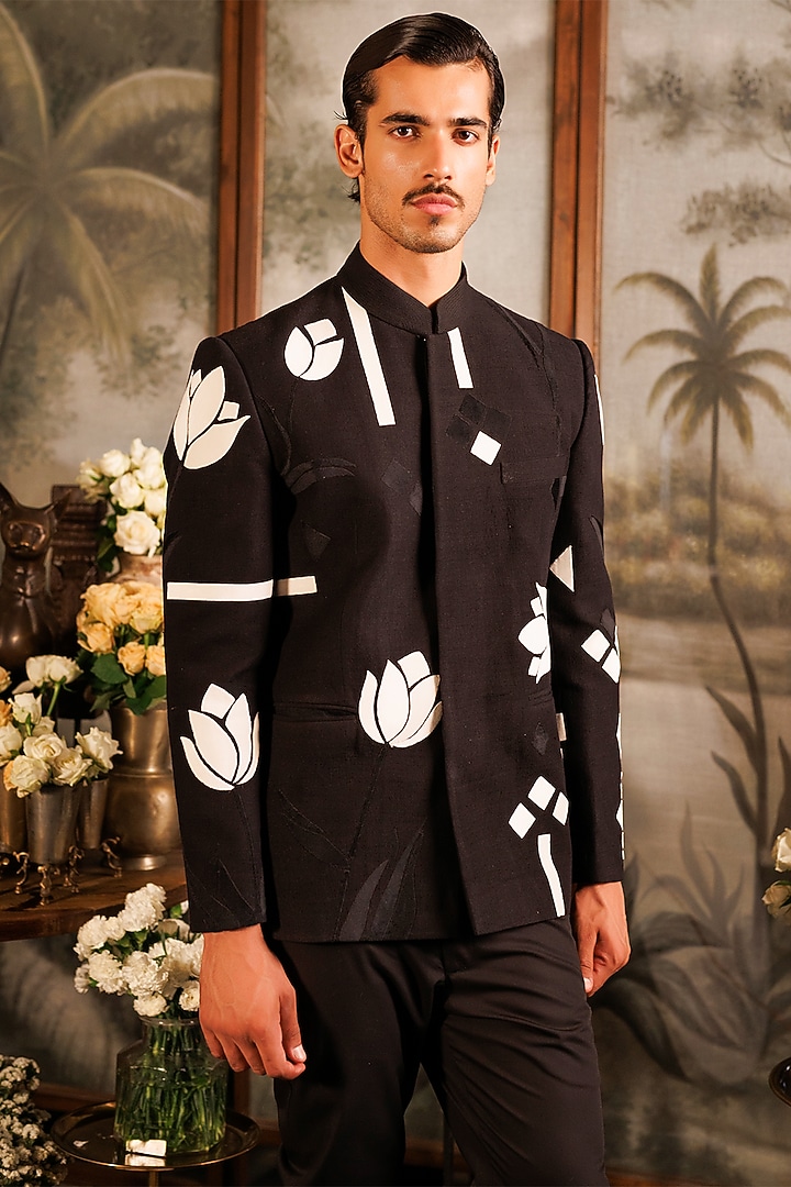 Black Suiting Floral Patch Work Groom Bandhgala Set by Sahil Kochhar Men at Pernia's Pop Up Shop