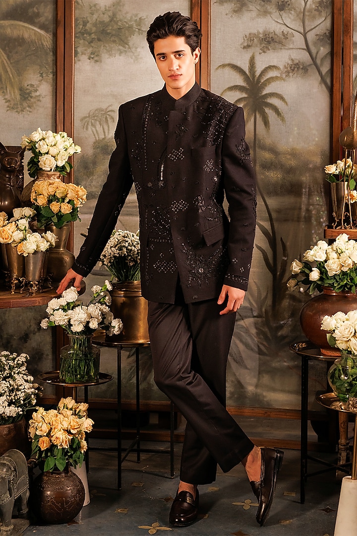 Black Matka Silk 3D Applique Embroidered Bandhgala Set by Sahil Kochhar Men