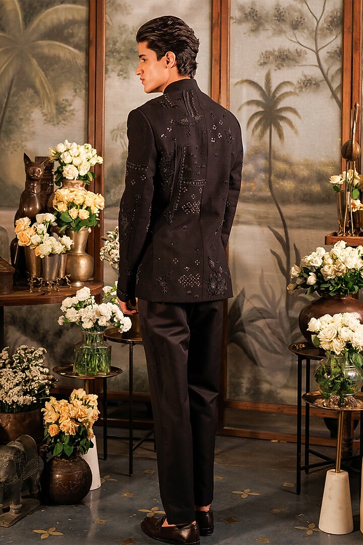 Black Matka Silk 3D Applique Embroidered Groom Bandhgala Set by Sahil Kochhar Men at Pernia's Pop Up Shop
