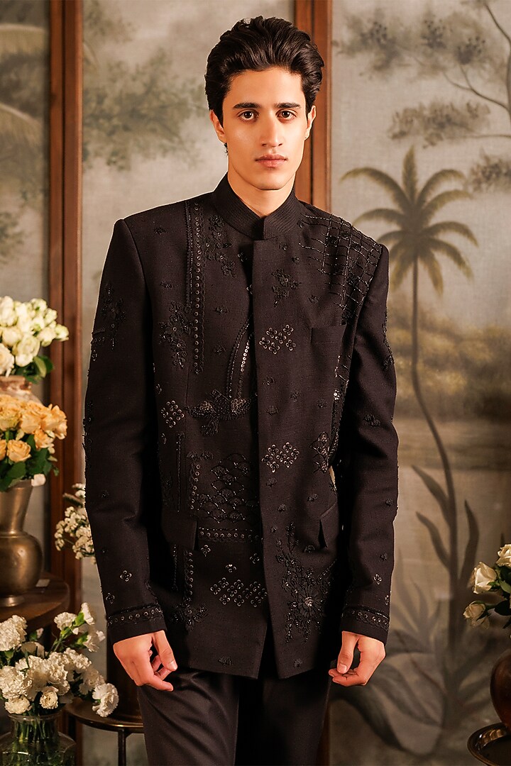 Black Matka Silk 3D Applique Embroidered Groom Bandhgala Set by Sahil Kochhar Men at Pernia's Pop Up Shop