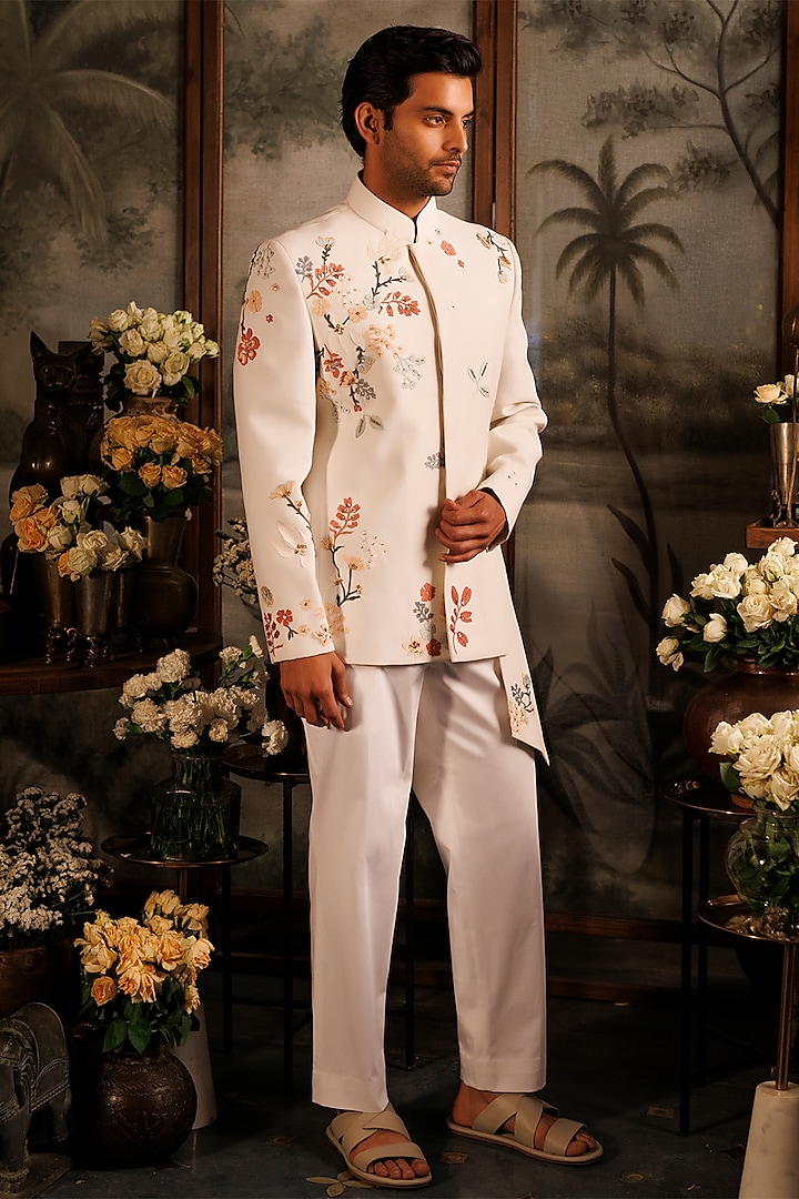 Ivory Matka Silk 3D Applique Embroidered Bandhgala Set by Sahil Kochhar Men