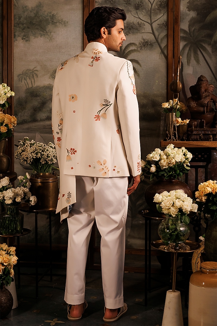 Ivory Matka Silk 3D Applique Embroidered Groom Bandhgala Set by Sahil Kochhar Men at Pernia's Pop Up Shop
