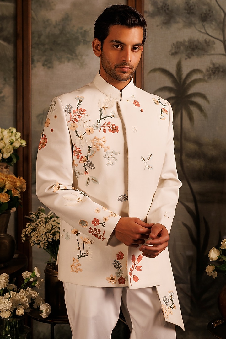 Ivory Matka Silk 3D Applique Embroidered Groom Bandhgala Set by Sahil Kochhar Men at Pernia's Pop Up Shop