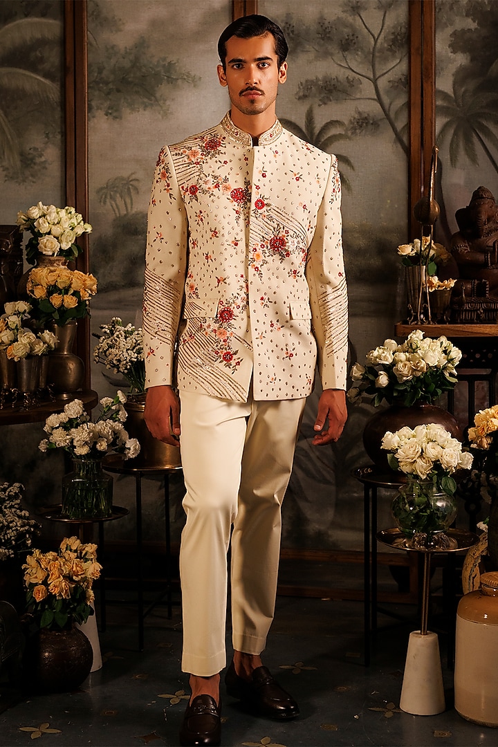 Ivory Matka Silk 3D Applique Hand Embroidered Bandhgala Set by Sahil Kochhar Men at Pernia's Pop Up Shop