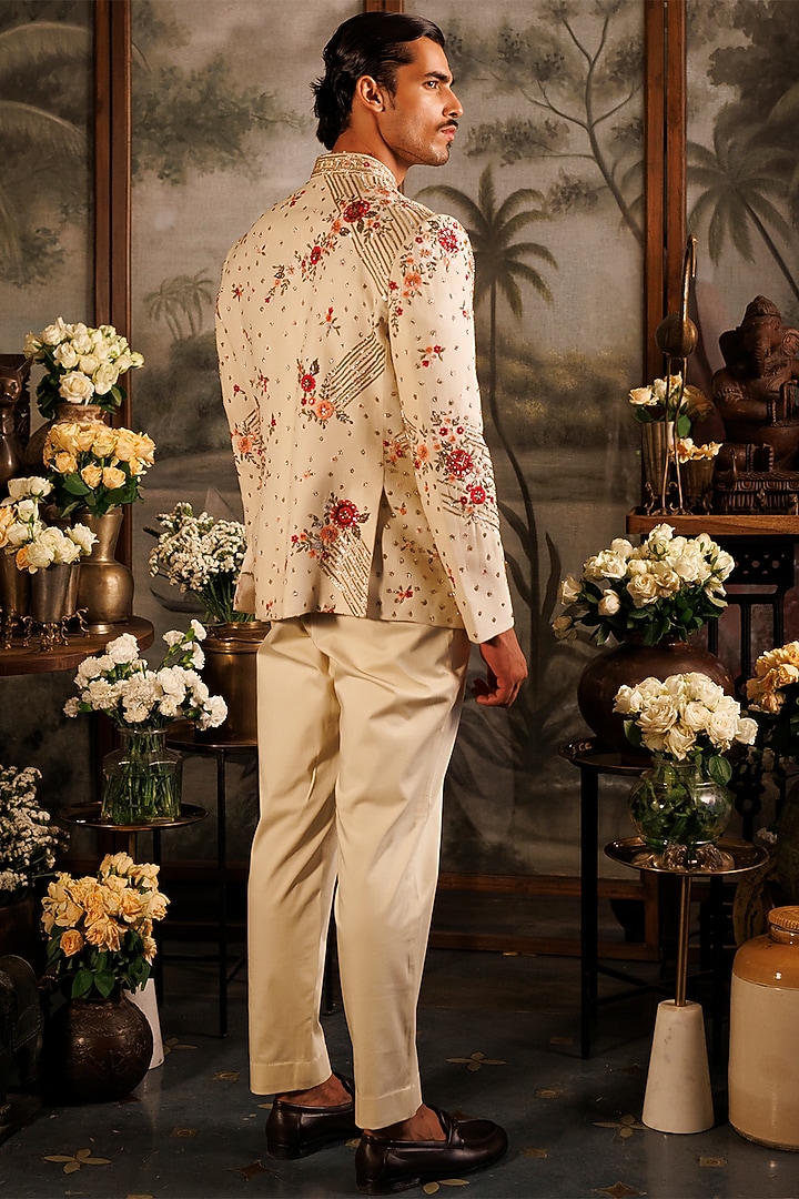 Ivory Matka Silk 3D Applique Hand Embroidered Groom Bandhgala Set by Sahil Kochhar Men at Pernia's Pop Up Shop