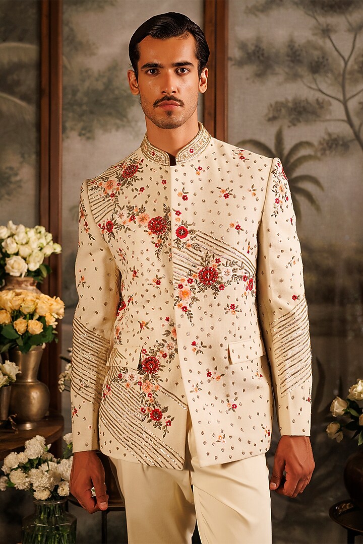 Ivory Matka Silk 3D Applique Hand Embroidered Groom Bandhgala Set by Sahil Kochhar Men at Pernia's Pop Up Shop